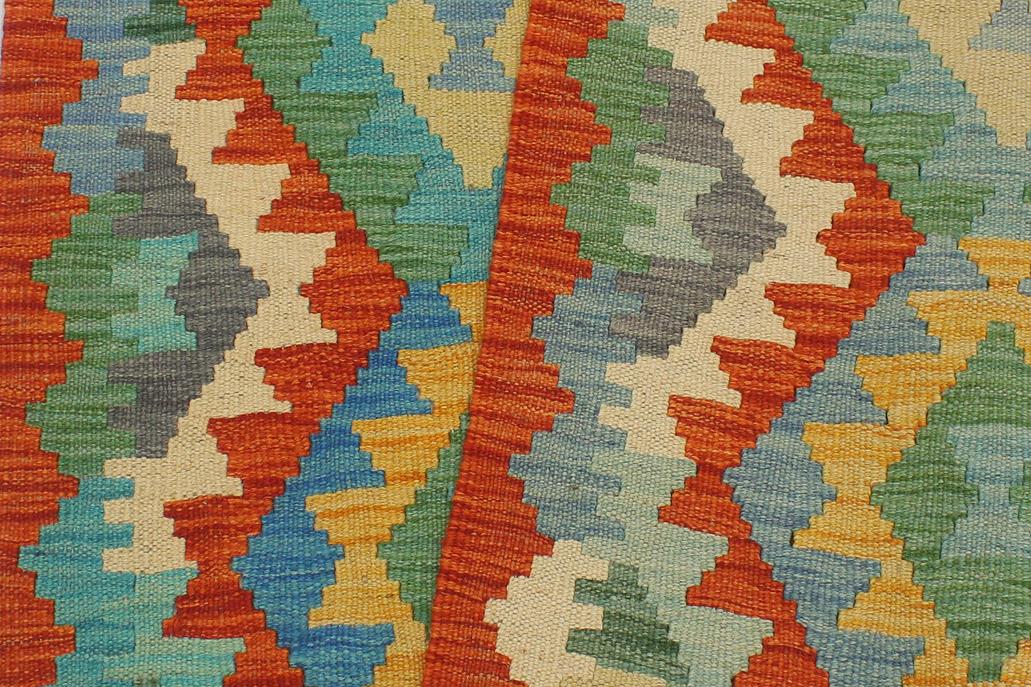 Flat Weave Kilim Antique Navaho Vintage handmade Geometric Kilim Rust Blue Hand-Woven Runner 100% Wool Area Rug 3x13 