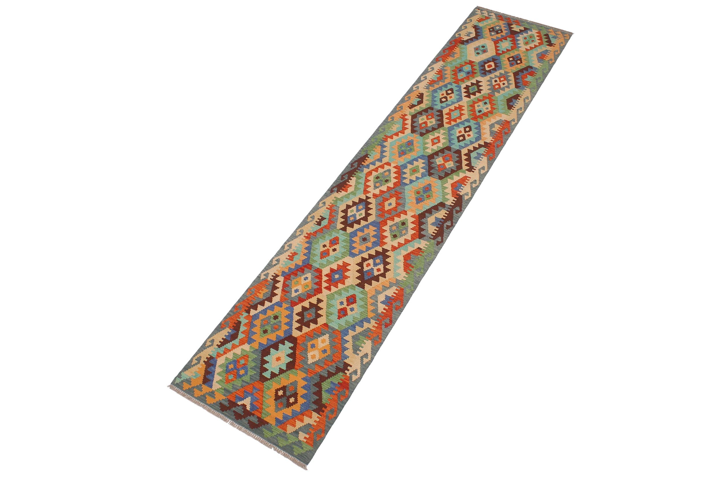 handmade Geometric Kilim Blue Rust Hand-Woven RUNNER 100% WOOL area rug 3 x 13