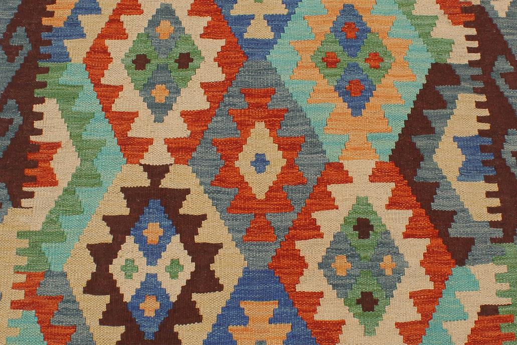 Flat Weave Kilim Antique Navaho Vintage handmade Geometric Kilim Blue Rust Hand-Woven Runner 100% Wool Area Rug 3x13 