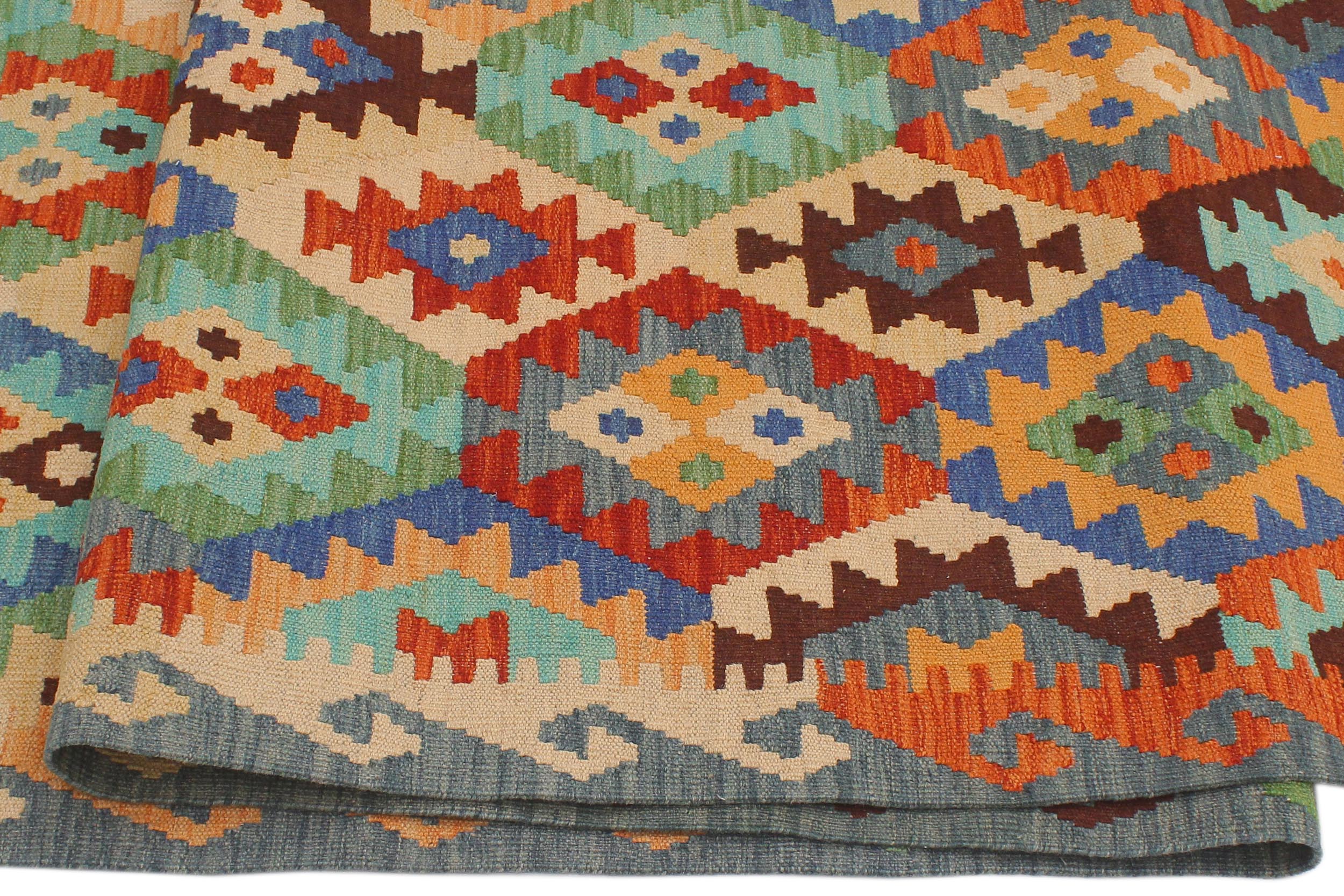 handmade Geometric Kilim Blue Rust Hand-Woven RUNNER 100% WOOL area rug 3 x 13