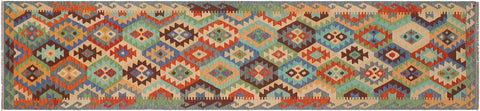 handmade Geometric Kilim Blue Rust Hand-Woven RUNNER 100% WOOL area rug 3 x 13