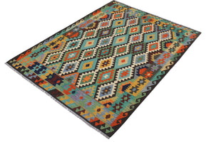 handmade Geometric Kilim Blue Brown Hand-Woven RECTANGLE 100% WOOL area rug 6 x 8