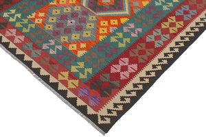 handmade Geometric Kilim Blue Red Hand-Woven RECTANGLE 100% WOOL area rug 6' x 8'