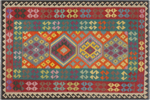 handmade Geometric Kilim Blue Red Hand-Woven RECTANGLE 100% WOOL area rug 6' x 8'
