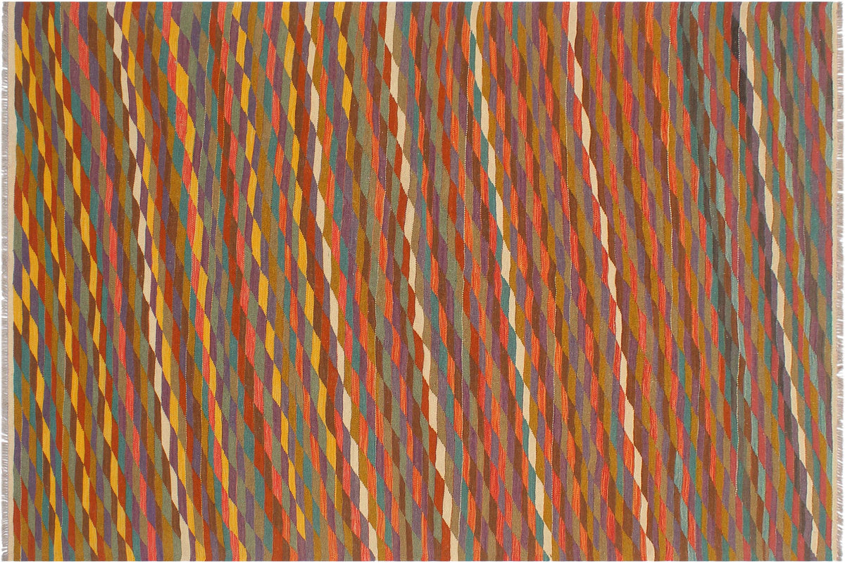 handmade Modern Kilim Rust Blue Hand-Woven RECTANGLE 100% WOOL area rug 6x8