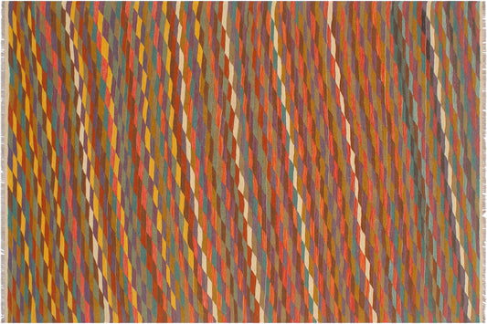 handmade Modern Kilim Rust Blue Hand-Woven RECTANGLE 100% WOOL area rug 6x8