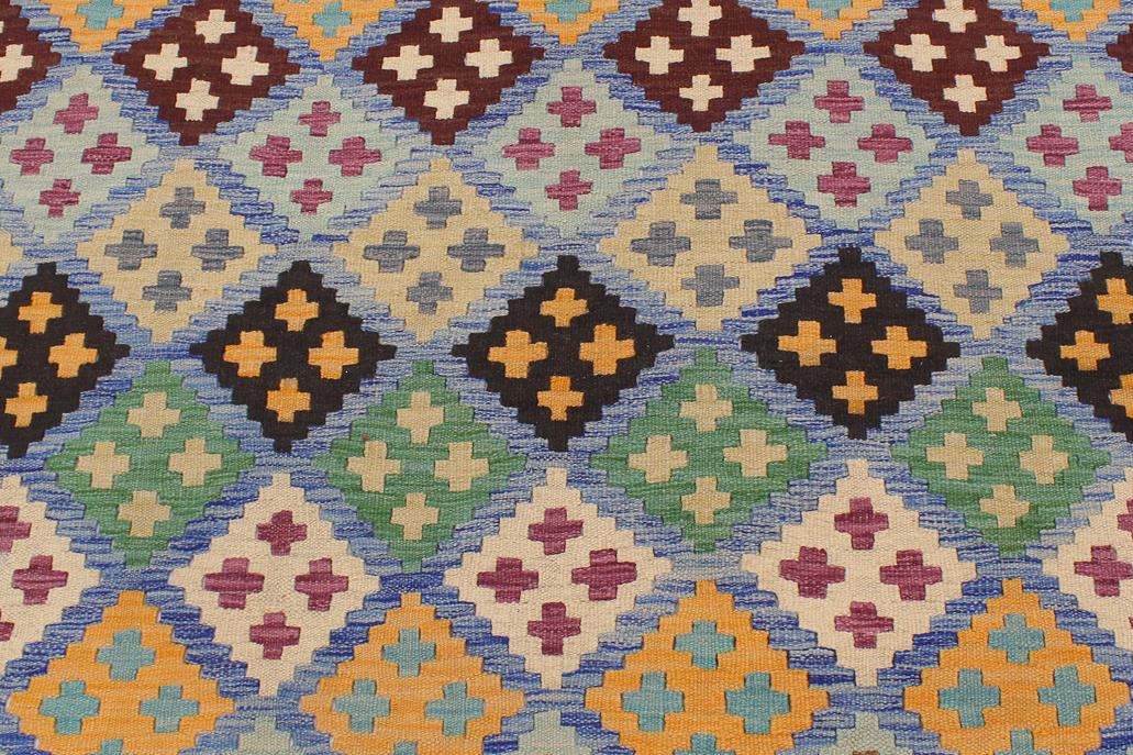 Flat Weave Kilim Antique Navaho Vintage handmade Geometric Kilim Blue Beige Hand-Woven Rectangle 100% Wool Area Rug 6x8 