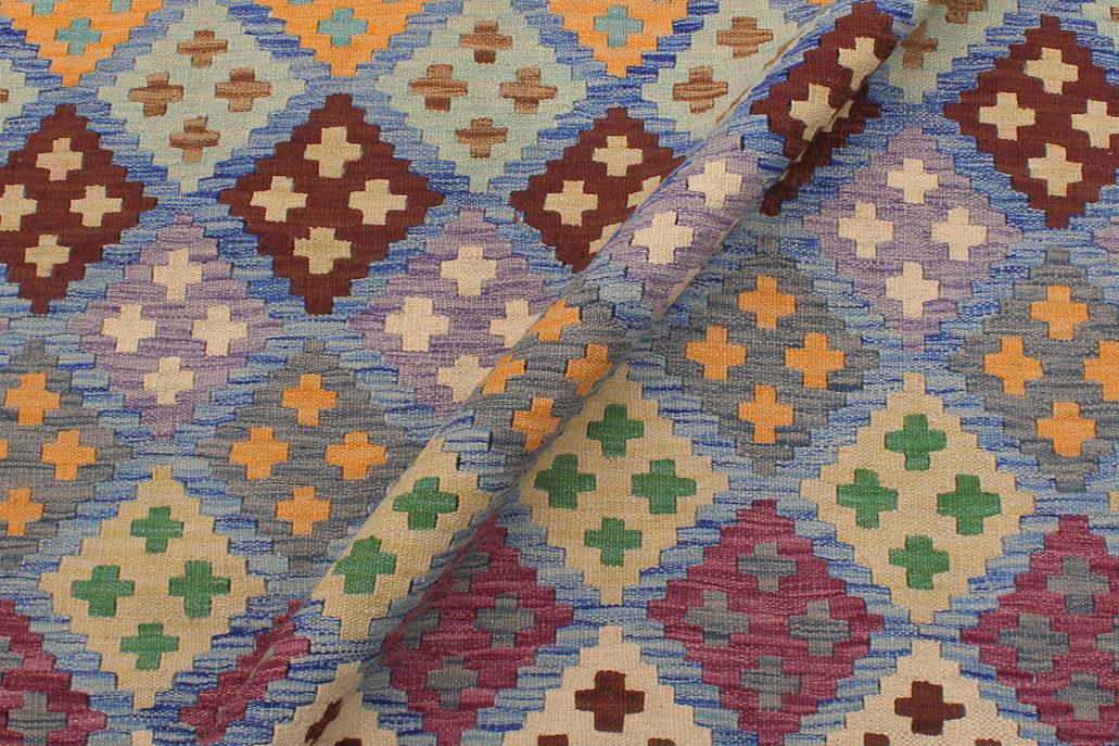 Flat Weave Kilim Antique Navaho Vintage handmade Geometric Kilim Blue Beige Hand-Woven Rectangle 100% Wool Area Rug 6x8 