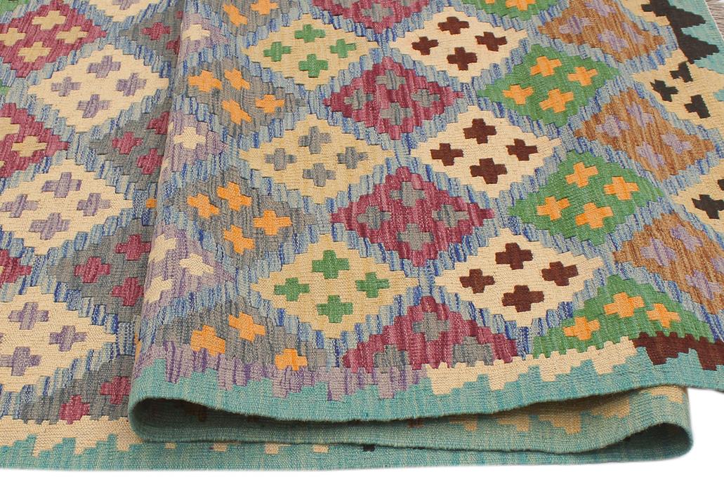 Flat Weave Kilim Antique Navaho Vintage handmade Geometric Kilim Blue Beige Hand-Woven Rectangle 100% Wool Area Rug 6x8 