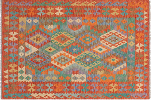 handmade Geometric Kilim Blue Rust Hand-Woven RECTANGLE 100% WOOL area rug 5 x 7
