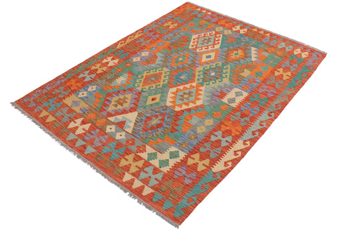 handmade Geometric Kilim Blue Rust Hand-Woven RECTANGLE 100% WOOL area rug 5 x 7