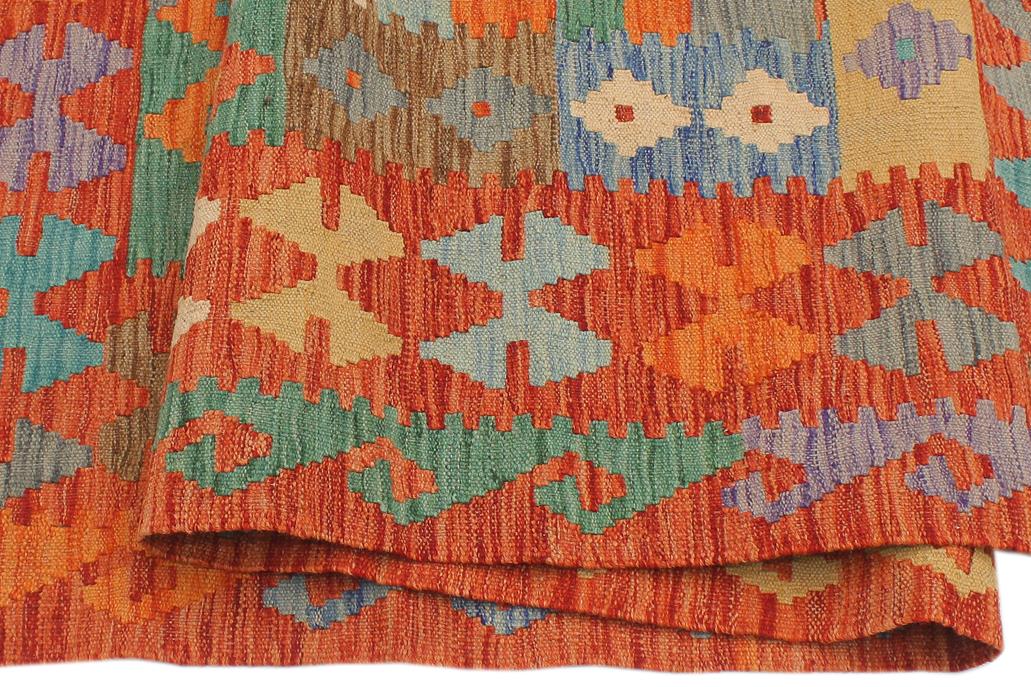 Flat Weave Kilim Antique Navaho Vintage handmade Geometric Kilim Blue Rust Hand-Woven Rectangle 100% Wool Area Rug 5x7 