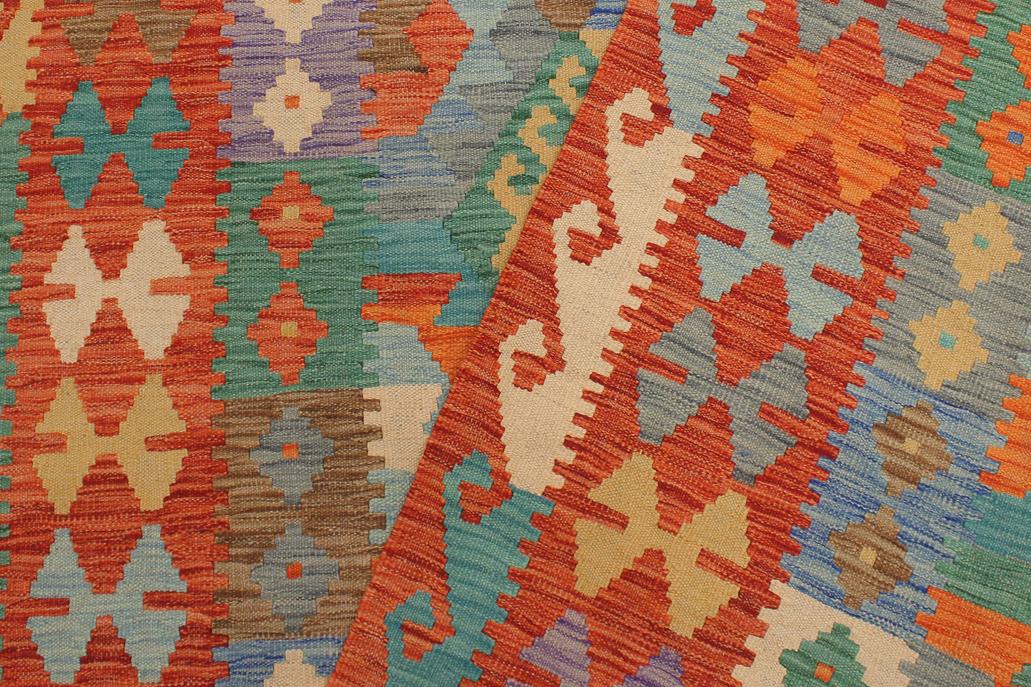 Flat Weave Kilim Antique Navaho Vintage handmade Geometric Kilim Blue Rust Hand-Woven Rectangle 100% Wool Area Rug 5x7 