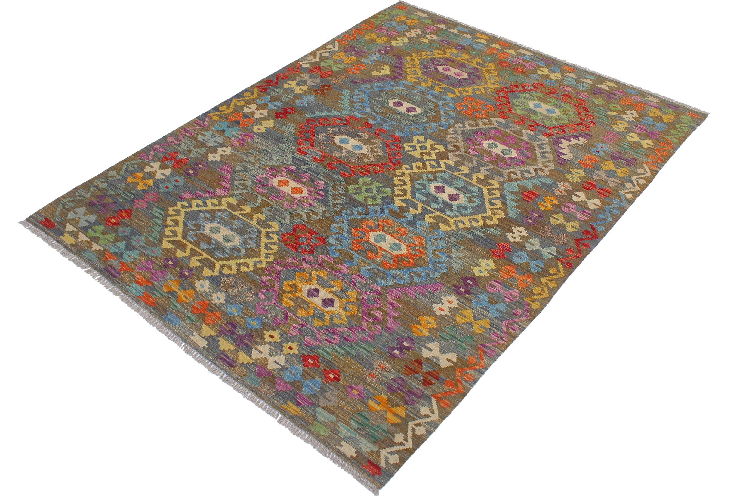 handmade Geometric Kilim Gray Blue Hand-Woven RECTANGLE 100% WOOL area rug 6 x 8