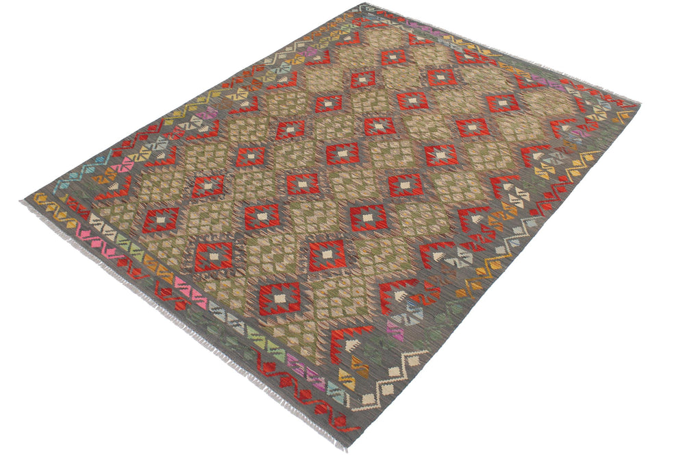 handmade Geometric Kilim Gray Red Hand-Woven RECTANGLE 100% WOOL area rug 6 x 8