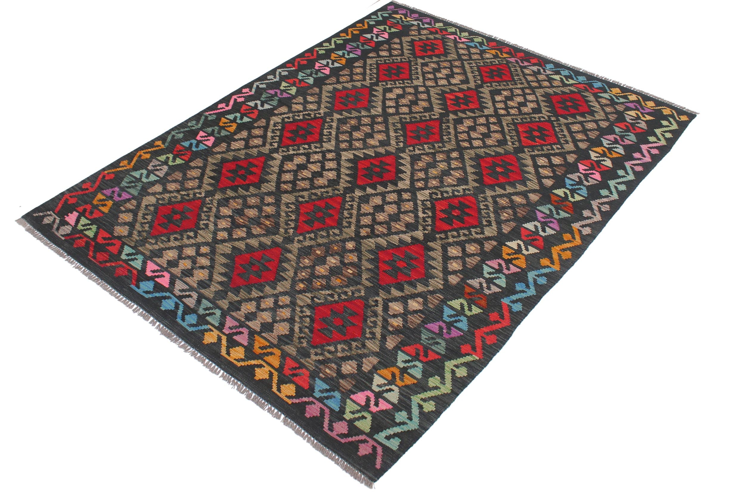 handmade Geometric Kilim Charcoal Rust Hand-Woven RECTANGLE 100% WOOL area rug 6 x 8