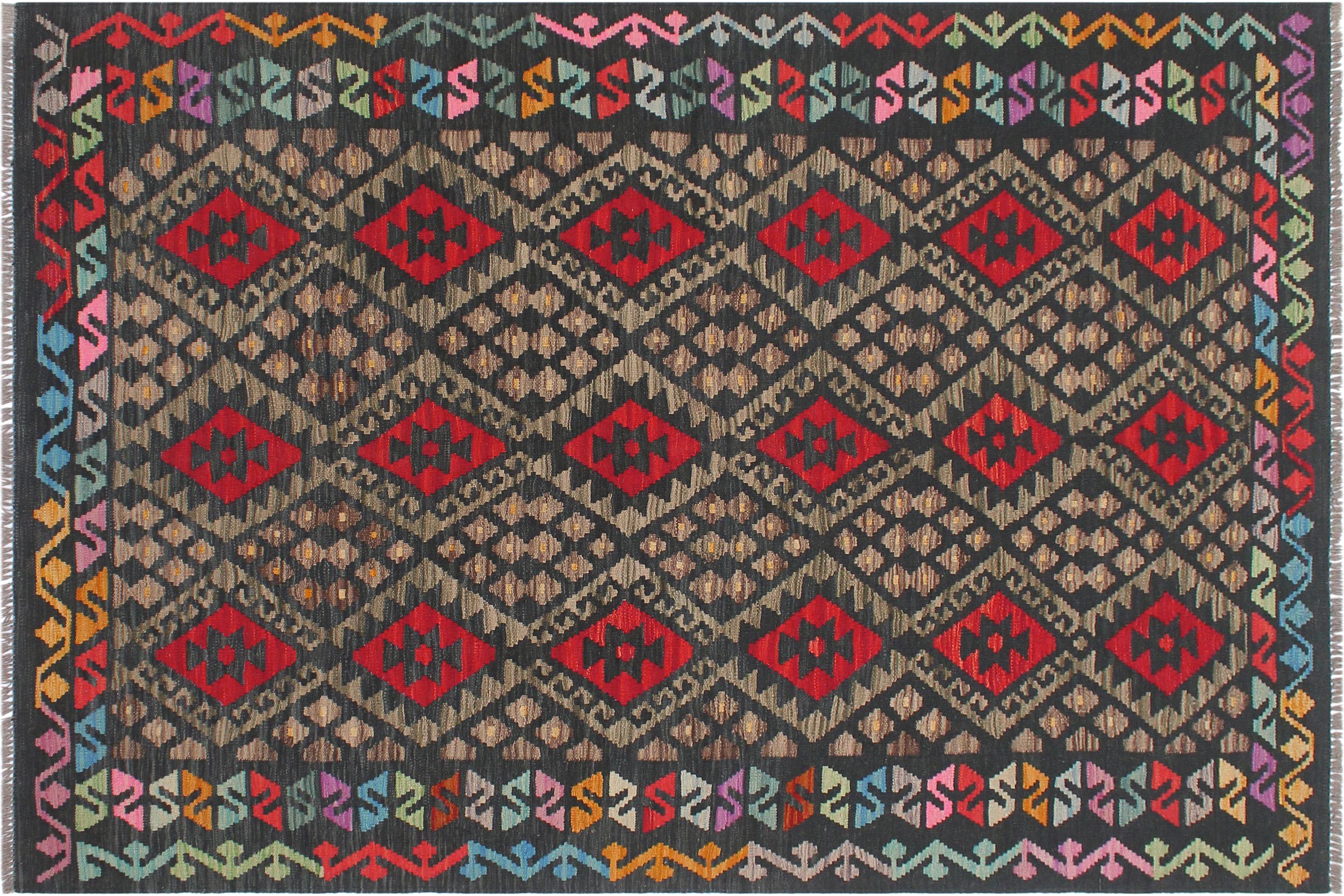 handmade Geometric Kilim Charcoal Rust Hand-Woven RECTANGLE 100% WOOL area rug 6 x 8