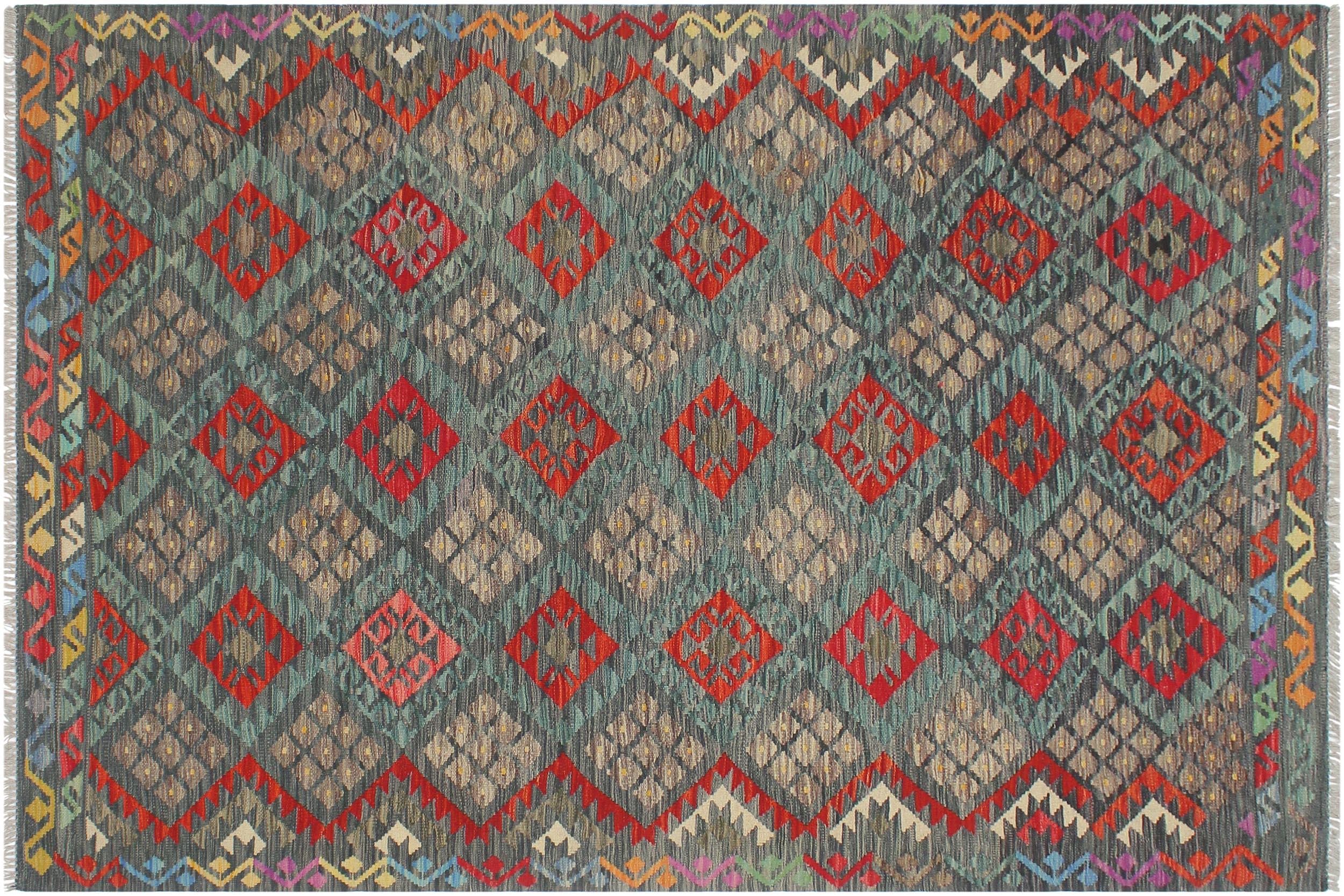 handmade Geometric Kilim Charcoal Rust Hand-Woven RECTANGLE 100% WOOL area rug 6 x 8