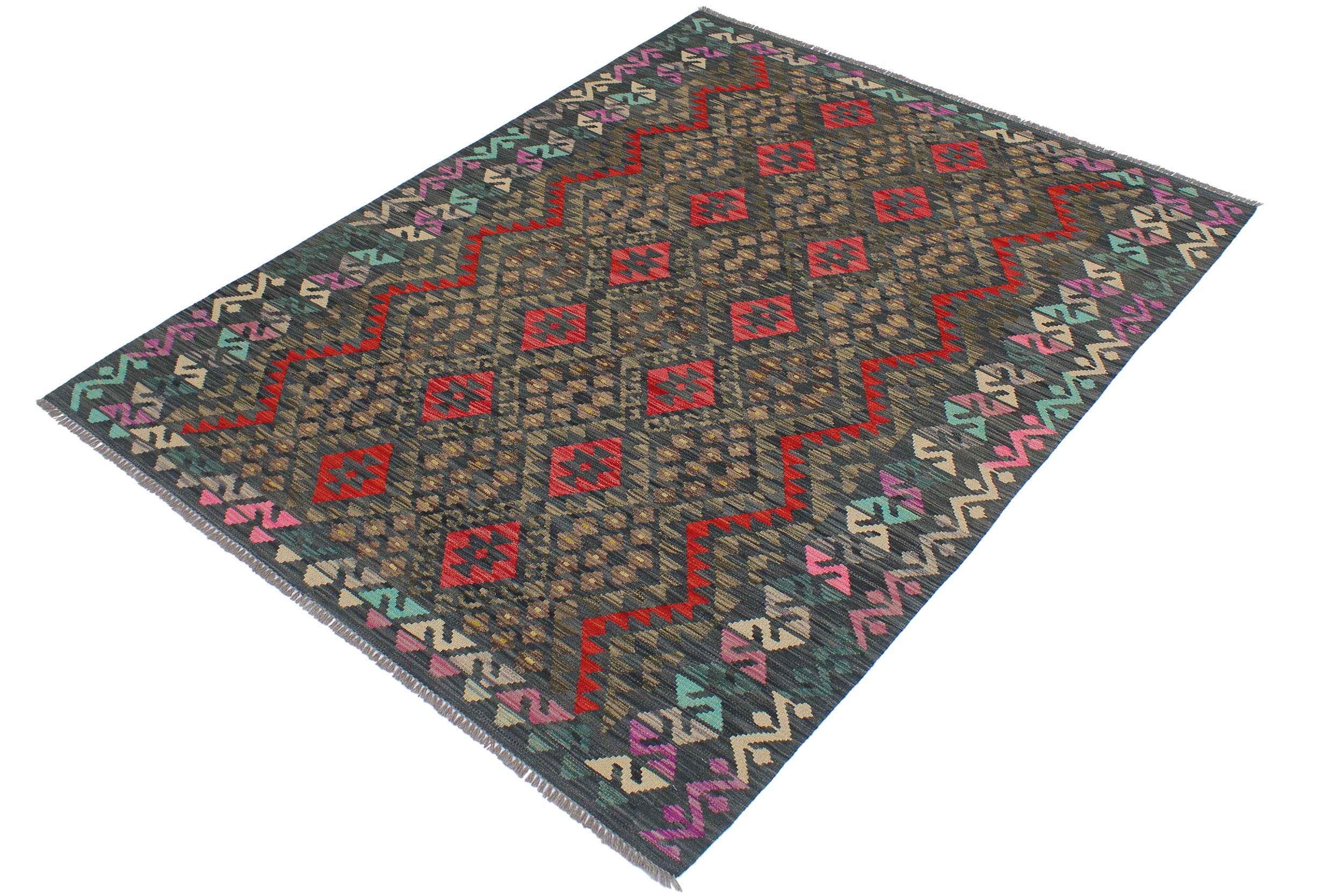 handmade Geometric Kilim Charcoal Rust Hand-Woven RECTANGLE 100% WOOL area rug 6 x 8