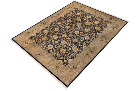 handmade Traditional Lahore Black Dark Gold Hand Knotted RECTANGLE 100% WOOL area rug 10x14