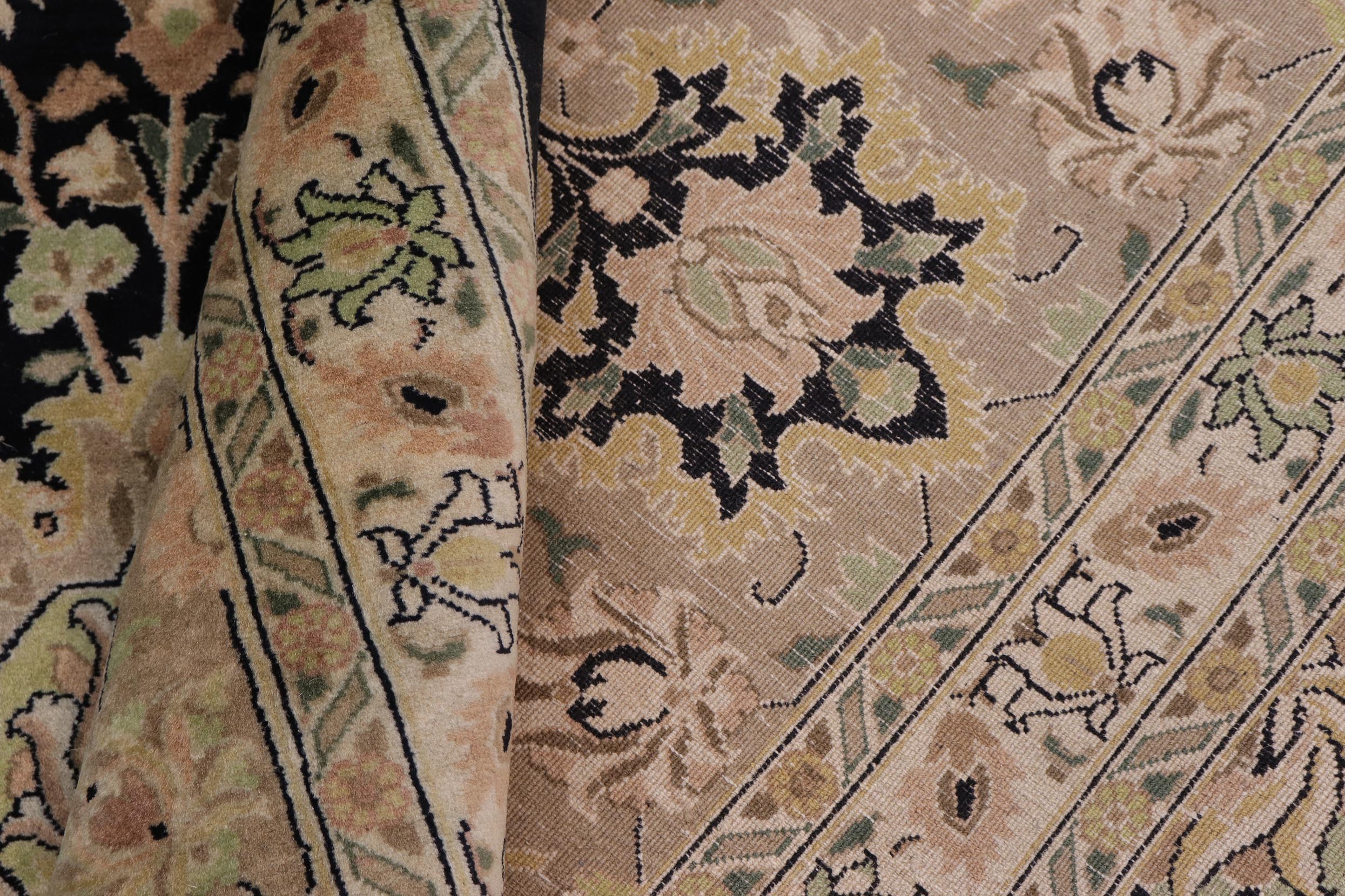 handmade Traditional Lahore Black Dark Gold Hand Knotted RECTANGLE 100% WOOL area rug 10x14