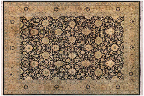 handmade Traditional Lahore Black Dark Gold Hand Knotted RECTANGLE 100% WOOL area rug 10x14