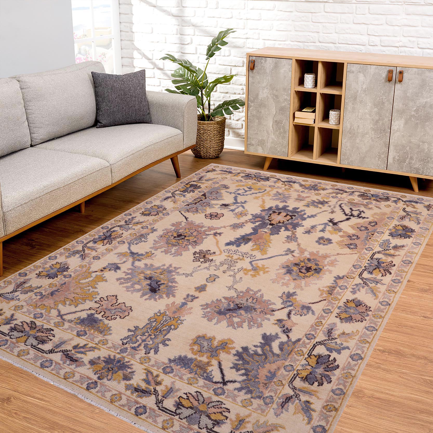handmade Traditional Oushak Beige Blue Hand Knotted RECTANGLE 100% WOOL area rug 6' x 8'
