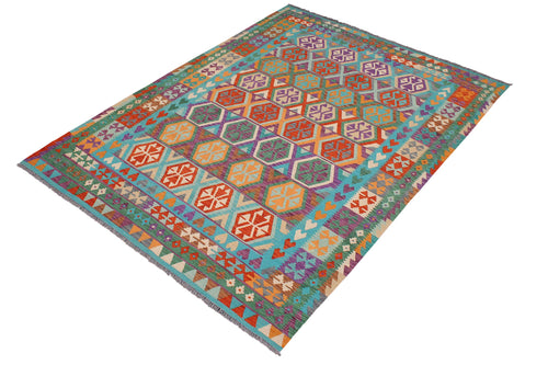 handmade Geometric Kilim Blue Rust Hand-Woven RECTANGLE 100% WOOL area rug 7 x 10