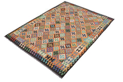 Flat Weave Kilim Antique Navaho Vintage handmade Geometric Kilim Rust Brown Hand-Woven Rectangle 100% Wool Area Rug 7x10 