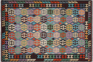 7x10 hand woven Turkish Kilim wool rug in blue and brown - Tribal Josefa Turkish