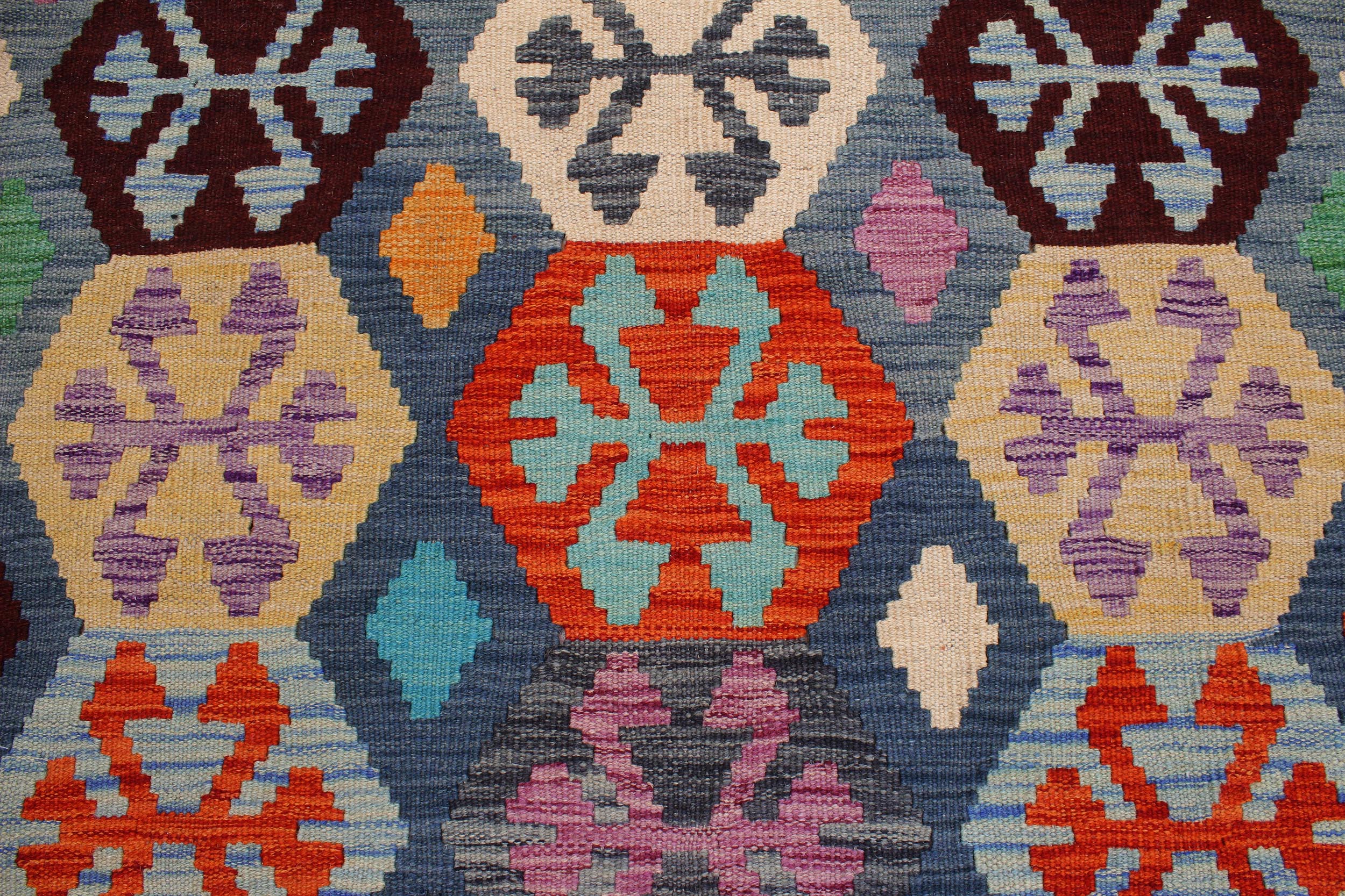 handmade Geometric Kilim Blue Brown Hand-Woven RECTANGLE 100% WOOL area rug 7 x 10