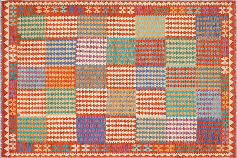handmade Modern Kilim Blue Rust Hand-Woven RECTANGLE 100% WOOL area rug 7x10