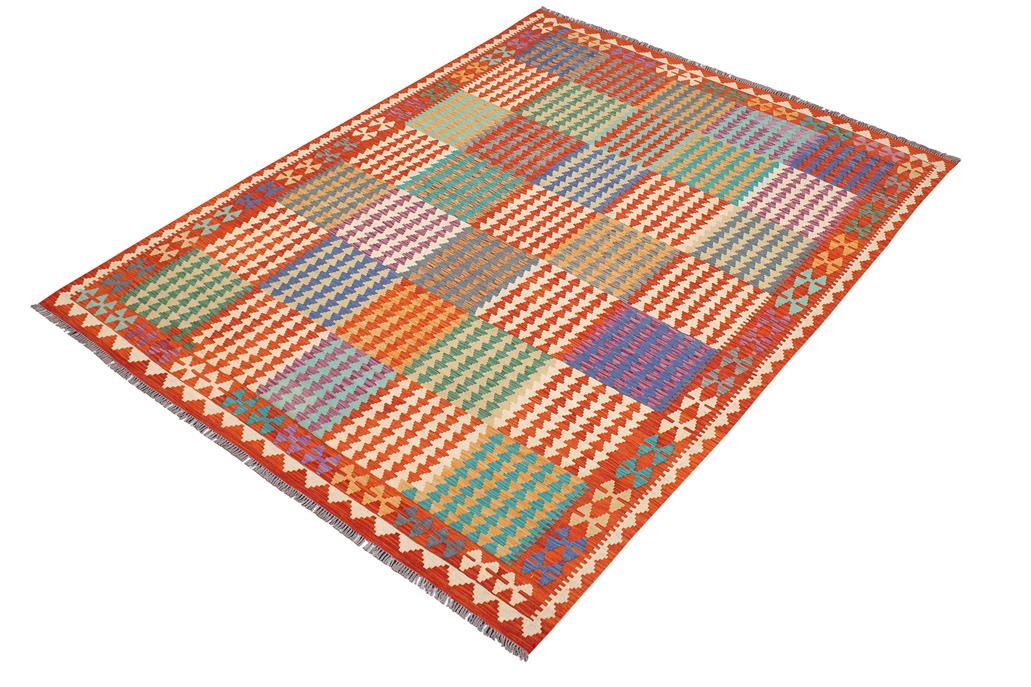 Flat Weave Kilim Antique Navaho Vintage handmade Modern Kilim Blue Rust Hand-Woven Rectangle 100% Wool Area Rug 7x10 