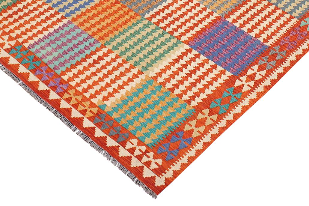 Flat Weave Kilim Antique Navaho Vintage handmade Modern Kilim Blue Rust Hand-Woven Rectangle 100% Wool Area Rug 7x10 