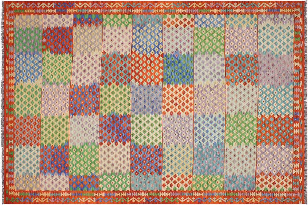 8x11 hand woven Turkish Modern Kilim wool rug in blue and rust - Turkish Chevron Beatrice