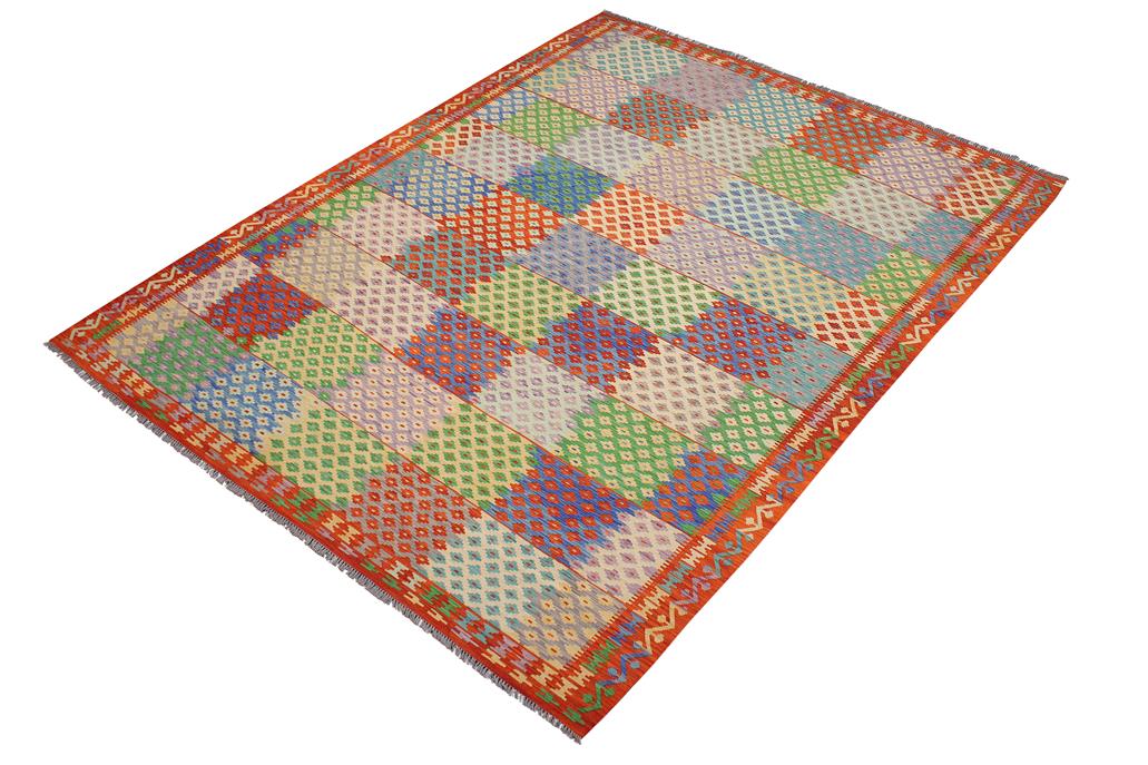 Flat Weave Kilim Antique Navaho Vintage handmade Modern Kilim Blue Rust Hand-Woven Rectangle 100% Wool Area Rug 8x11 