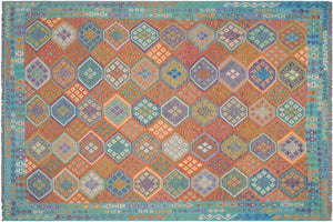 9x11 hand woven Turkish Kilim wool rug in rust and blue - Ethnic Sterling Turkish