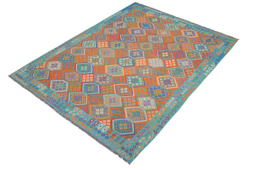 handmade Geometric Kilim Rust Blue Hand-Woven RECTANGLE 100% WOOL area rug 9 x 11