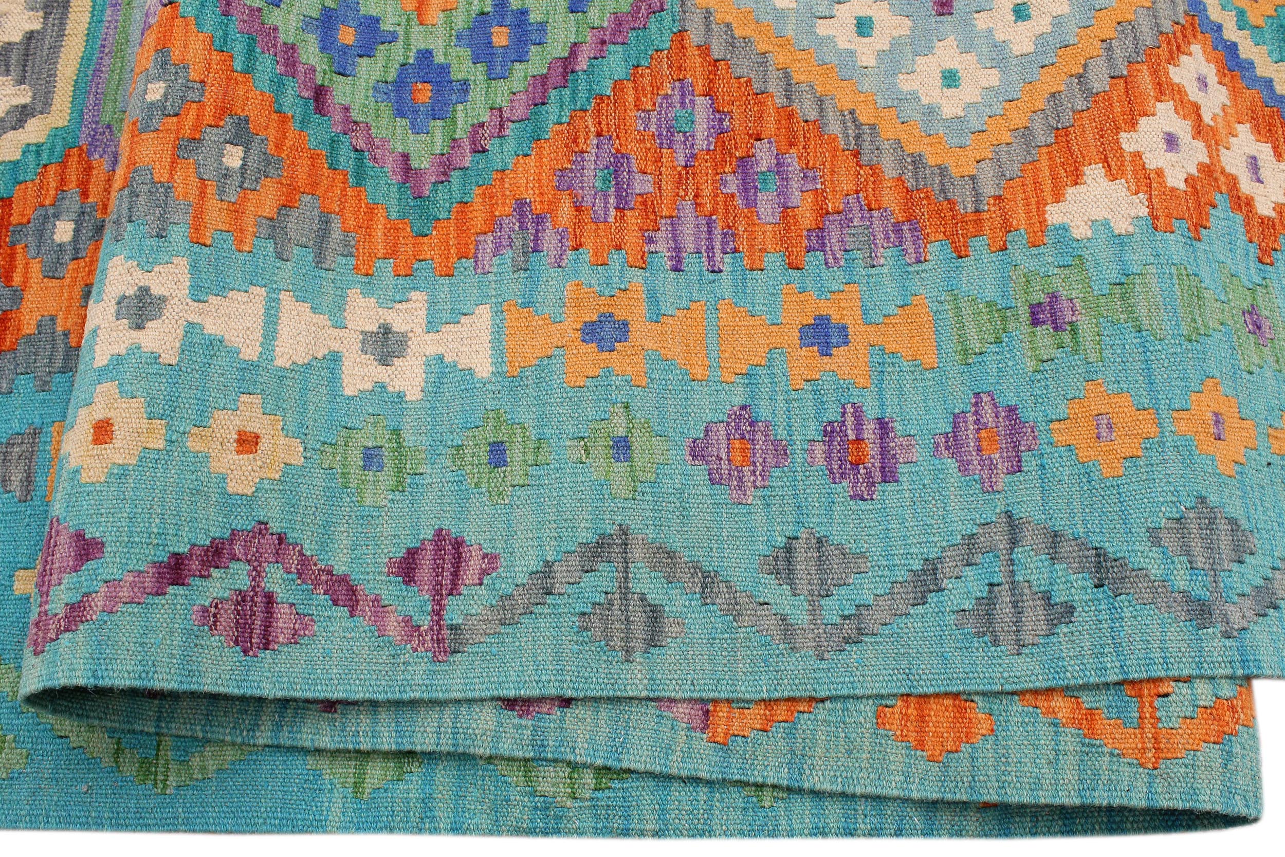 handmade Geometric Kilim Rust Blue Hand-Woven RECTANGLE 100% WOOL area rug 9 x 11