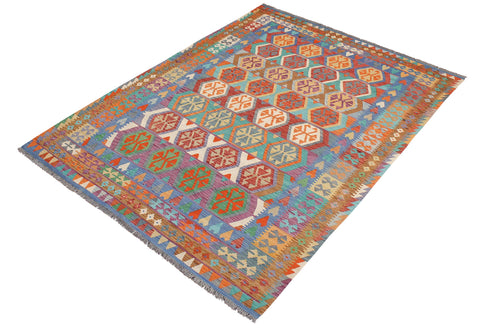 handmade Geometric Kilim Red Blue Hand-Woven RECTANGLE 100% WOOL area rug 7 x 10