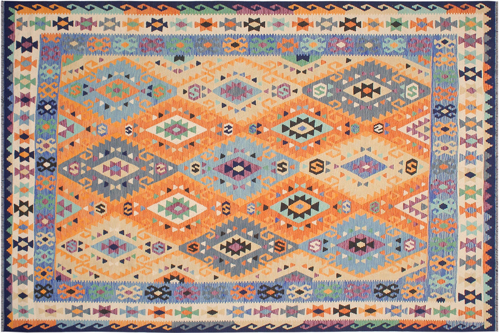 handmade Geometric Kilim Rust Blue Hand-Woven RECTANGLE 100% WOOL area rug 8 x 10