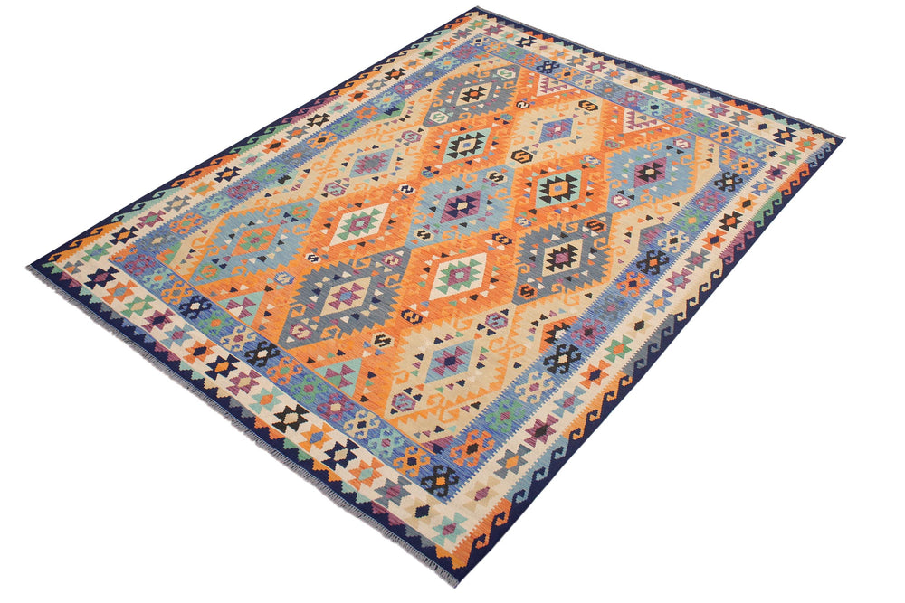 handmade Geometric Kilim Rust Blue Hand-Woven RECTANGLE 100% WOOL area rug 8 x 10