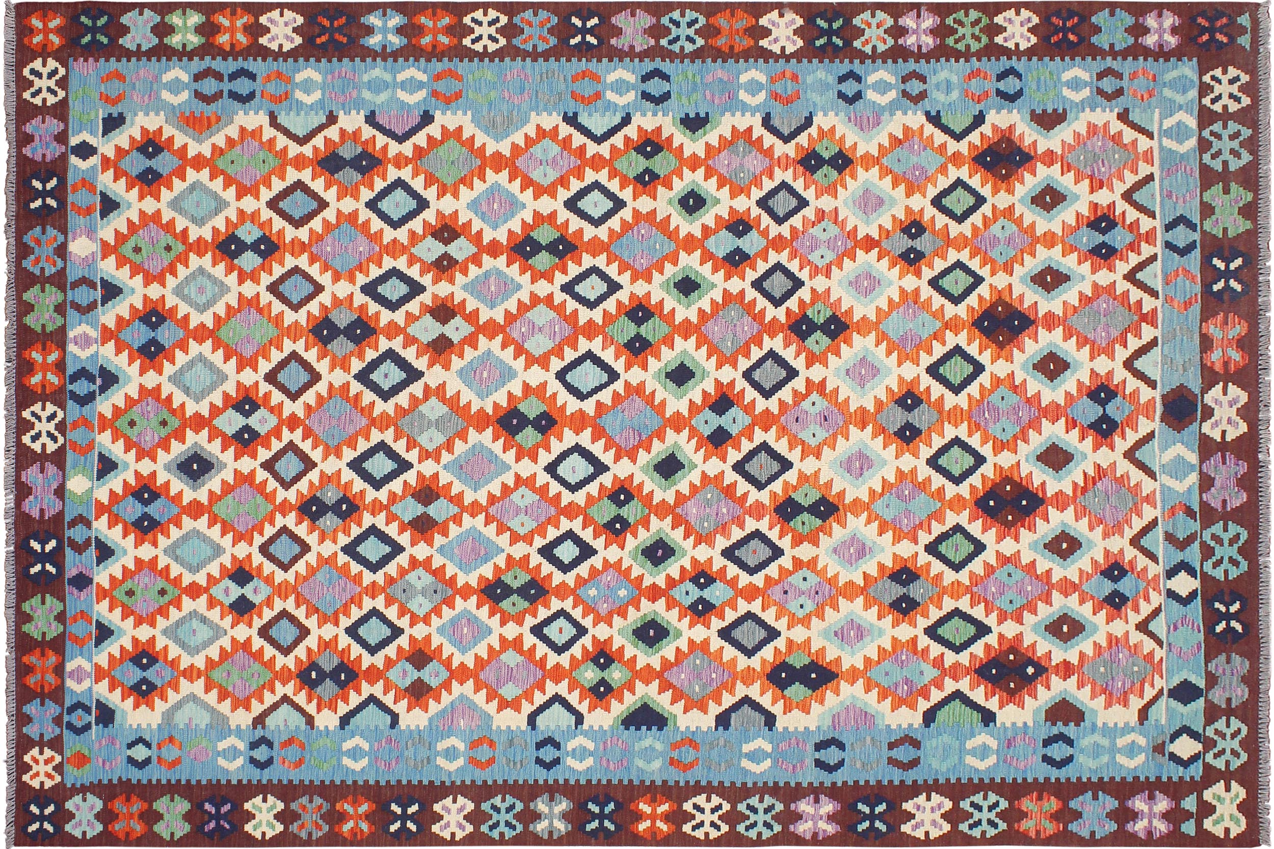 handmade Geometric Kilim Beige Blue Hand-Woven RECTANGLE 100% WOOL area rug 7 x 10