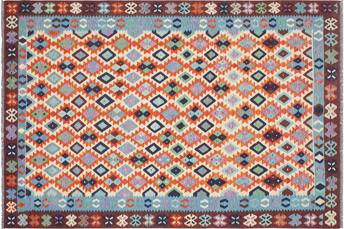 7x9 hand woven Turkish Kilim wool rug in beige and blue - Tribal Nell Turkish