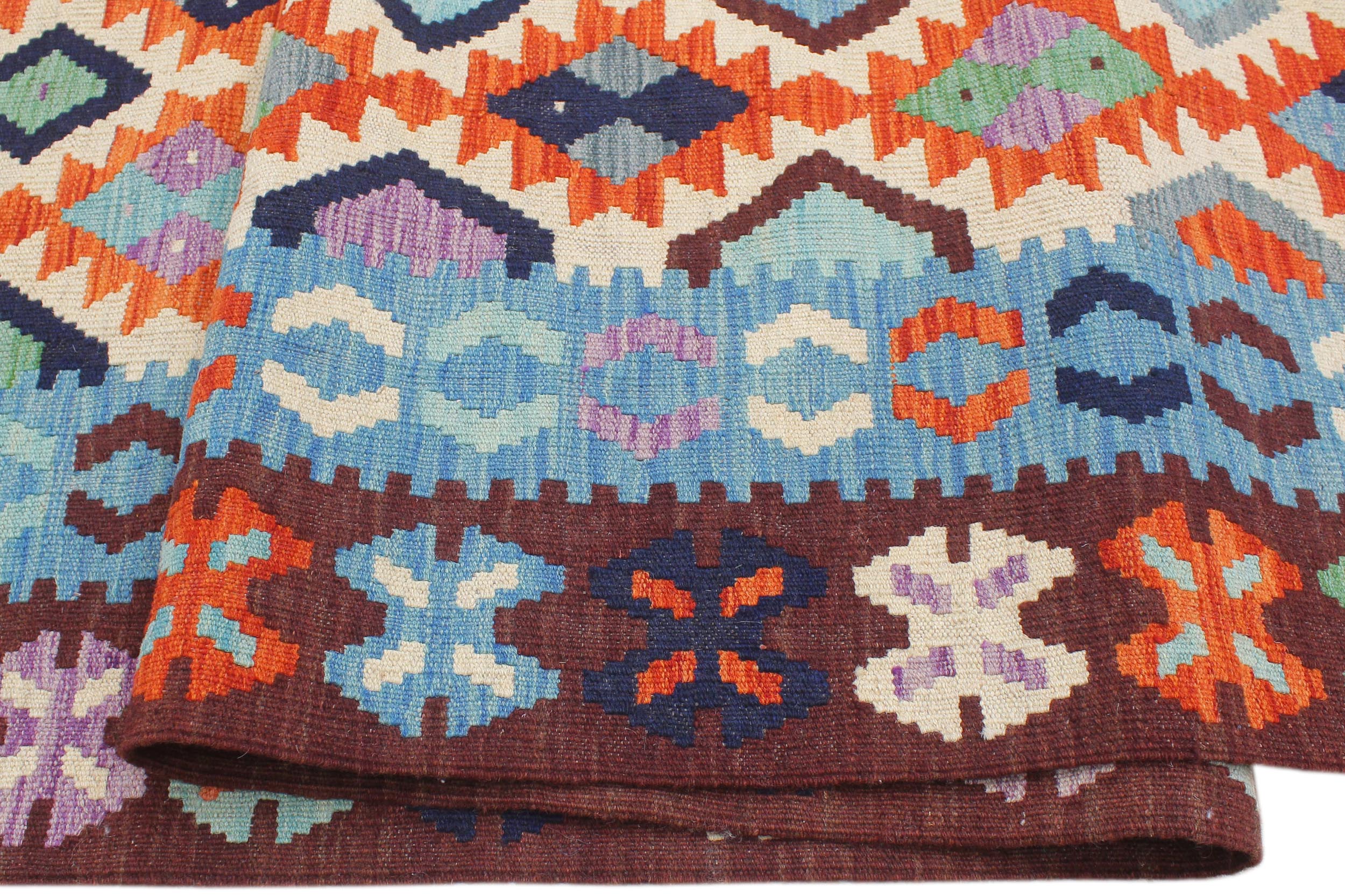 handmade Geometric Kilim Beige Blue Hand-Woven RECTANGLE 100% WOOL area rug 7 x 10