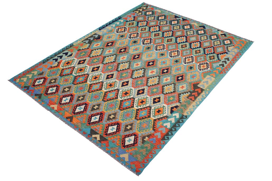 Flat Weave Kilim Antique Navaho Vintage handmade Geometric Kilim Blue Rust Hand-Woven Rectangle 100% Wool Area Rug 8x11 