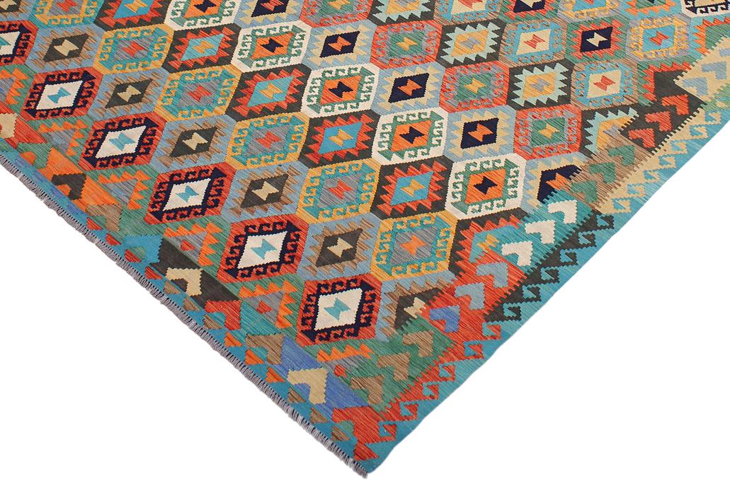 Flat Weave Kilim Antique Navaho Vintage handmade Geometric Kilim Blue Rust Hand-Woven Rectangle 100% Wool Area Rug 8x11 
