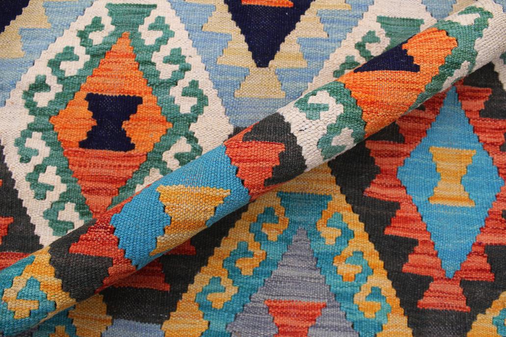 Flat Weave Kilim Antique Navaho Vintage handmade Geometric Kilim Blue Rust Hand-Woven Rectangle 100% Wool Area Rug 8x11 