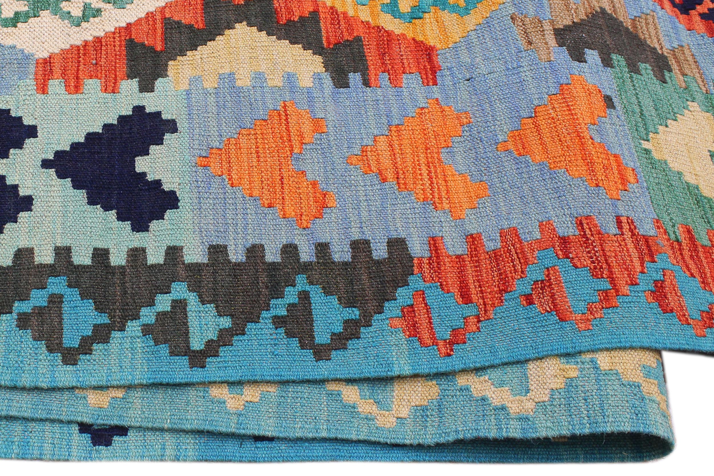 handmade Geometric Kilim Blue Rust Hand-Woven RECTANGLE 100% WOOL area rug 8 x 11