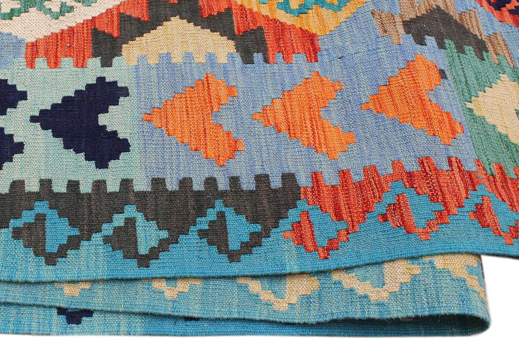 Flat Weave Kilim Antique Navaho Vintage handmade Geometric Kilim Blue Rust Hand-Woven Rectangle 100% Wool Area Rug 8x11 